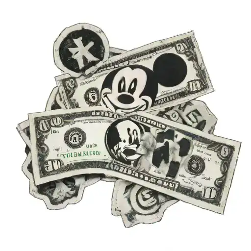 A tattoo design of a realistic looking dollar bill with a hidden Mickey Mouse silhouette incorporated into the design tattoo design idea