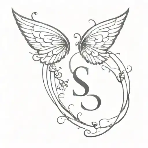 cursive s letter fading to angel wings with butterflies  tattoo design idea