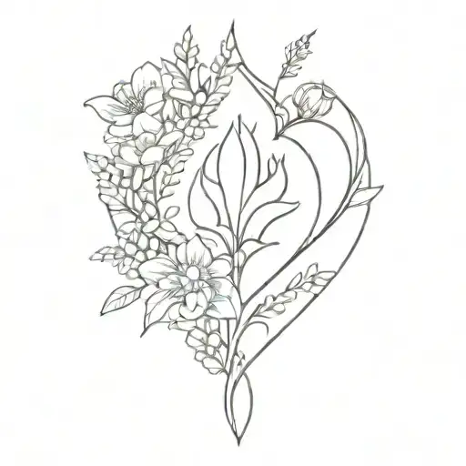A minimalist tattoo of the Immaculate Heart of Mary surrounded by wildflowers tattoo design idea