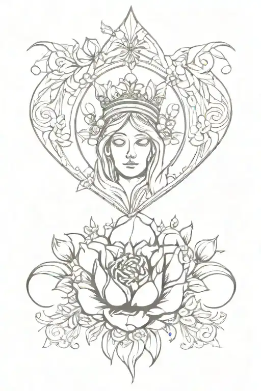 An artistic interpretation of the Immaculate Heart of Mary, adorned with intricate patterns inspired by wildflowers tattoo design idea