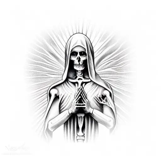Virgin Mary praying with skeleton hands tattoo design idea