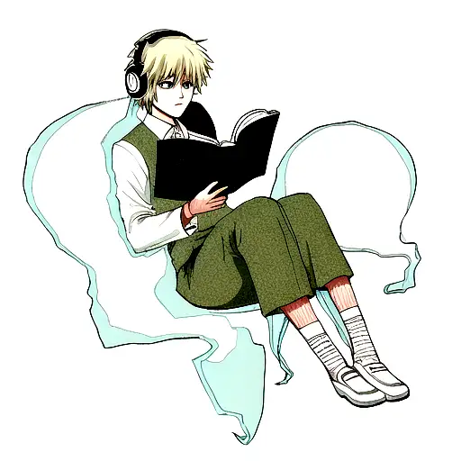 Ghost reading a book and listening to music tattoo design idea