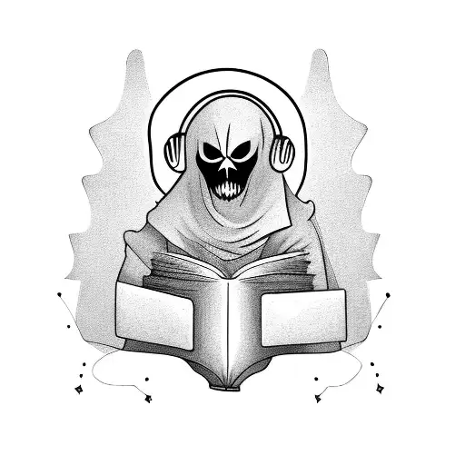 Ghost reading a book and listening to music tattoo design idea