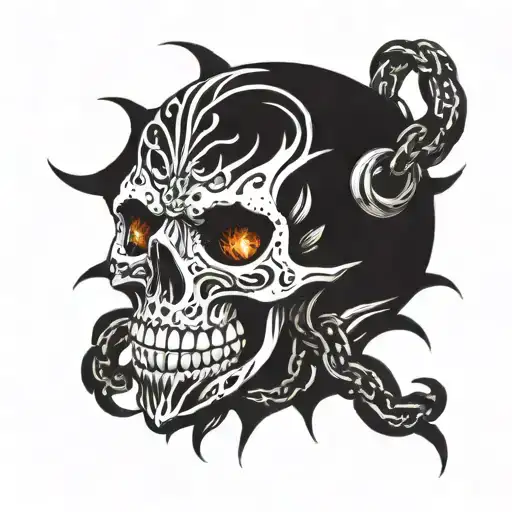 skull and flames with chain   tattoo design idea