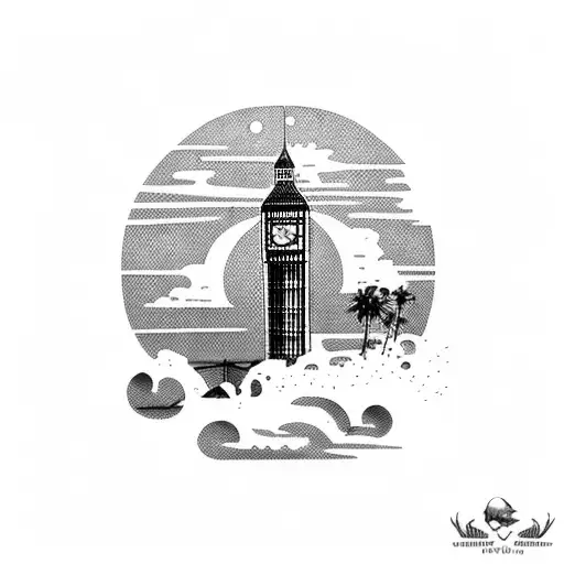 big ben with ocean and palmtrees tattoo design idea