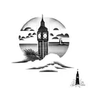 big ben with ocean and palmtrees tattoo design idea