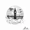 big ben with ocean and palmtrees tattoo design idea