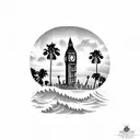 big ben with ocean and palmtrees tattoo design idea