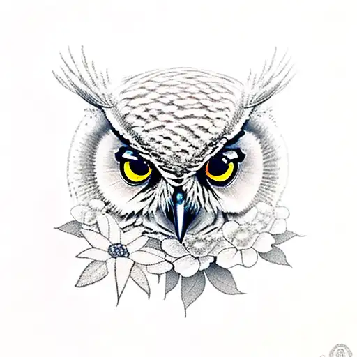Owl with flowers tattoo design idea