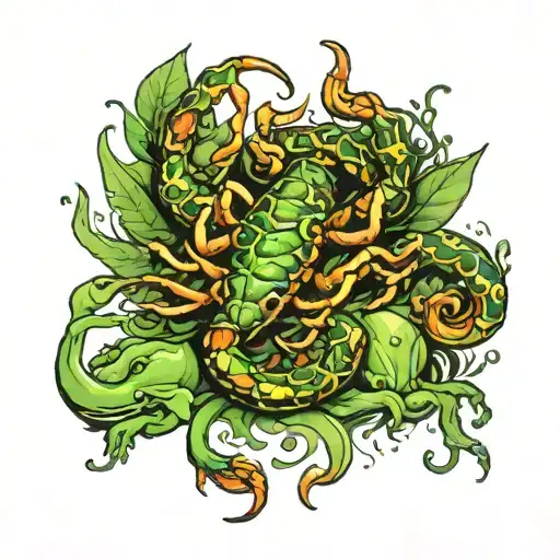 scorpion surrounded by frogs with green tattoo design idea