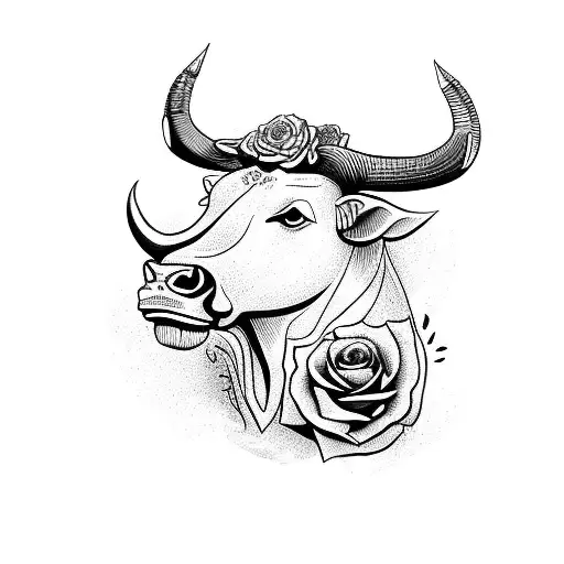 taurus bull head with roses tattoo design idea