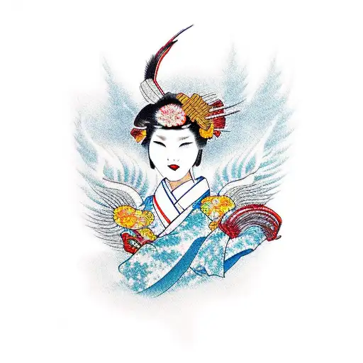 geisha with kimono that turns into a phoenix tattoo design idea