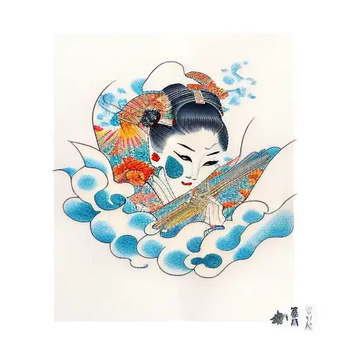 geisha with kimono that transitions into a phoenix tattoo design idea