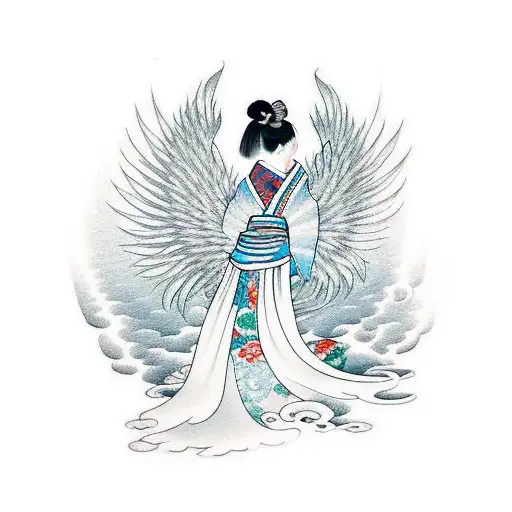 geisha with kimono that turns into a phoenix at the bottom tattoo design idea