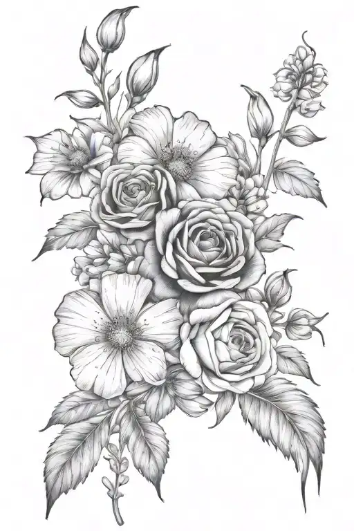 cosmos daisy poppy rose gladiolus bouquet tattoo design idea