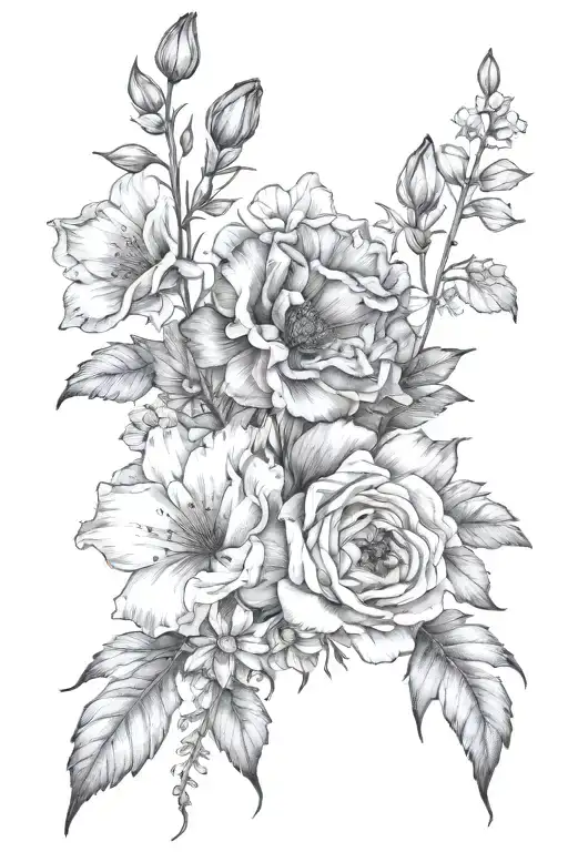 cosmos daisy poppy rose gladiolus bouquet tattoo design idea
