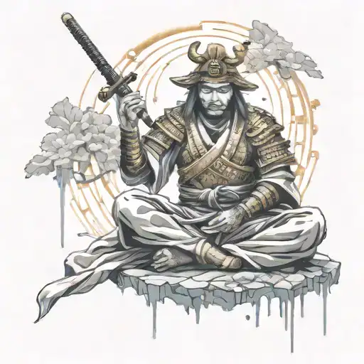  with a golden outfit samurai warrior meditating figure surrounded  tattoo design idea