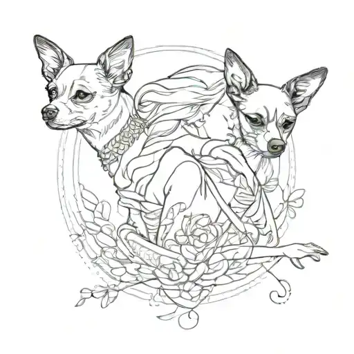 lady holding 2 chihuahua dog tattoo design idea