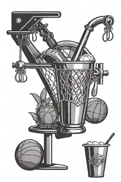A basketball hoop with a cocktail shaker and various bar tools hanging from it, symbolizing the client's passion for bartending and basketball tattoo design idea