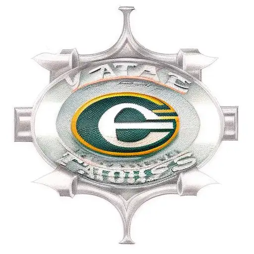 A traditional style tattoo of the Green Bay Packers logo with intricate details and shading, incorporating elements of sports cards and pit bulls tattoo design idea