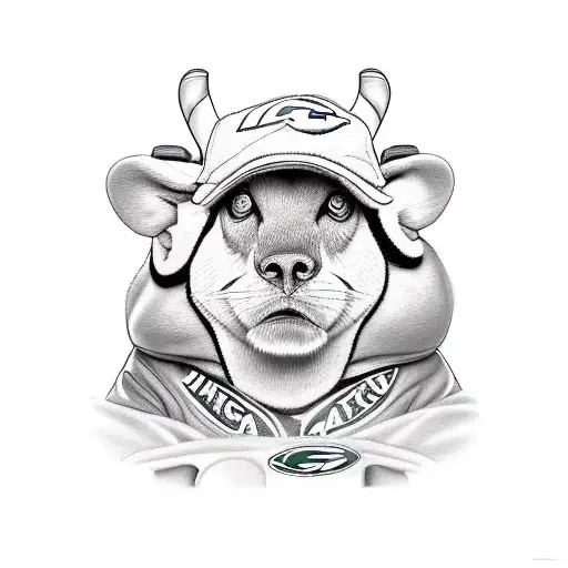 A realistic portrait of a famous rapper wearing a Green Bay Packers hat and holding a collection of sports cards, with sports cars in the background tattoo design idea