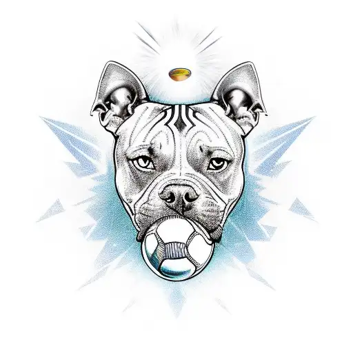 An abstract design of a pit bull catching a football in mid-air, surrounded by a halo of sports cards and diamonds tattoo design idea