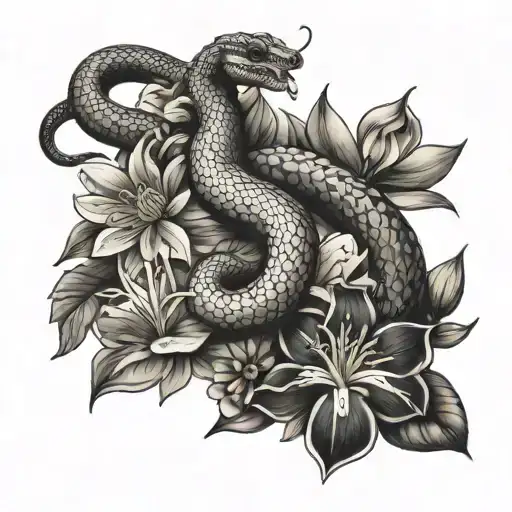 Eastern brown Snake twisting up around flowers - star jasmine, magnolia, lily and cactus flower tattoo design idea