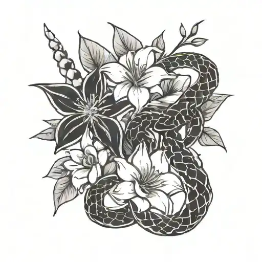 Eastern brown Snake twisting up around 4 flowers - star jasmine, magnolia, lily and cactus flower simple tattoo design idea