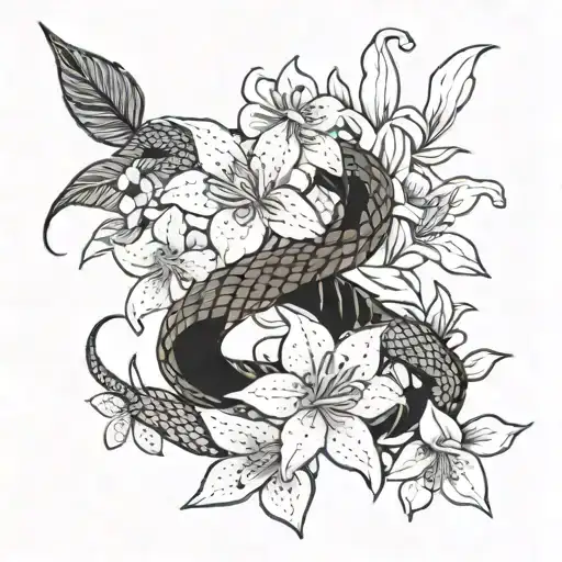 Eastern brown Snake twisting around flowers - star jasmine, magnolia, lily and cactus flower tattoo design idea