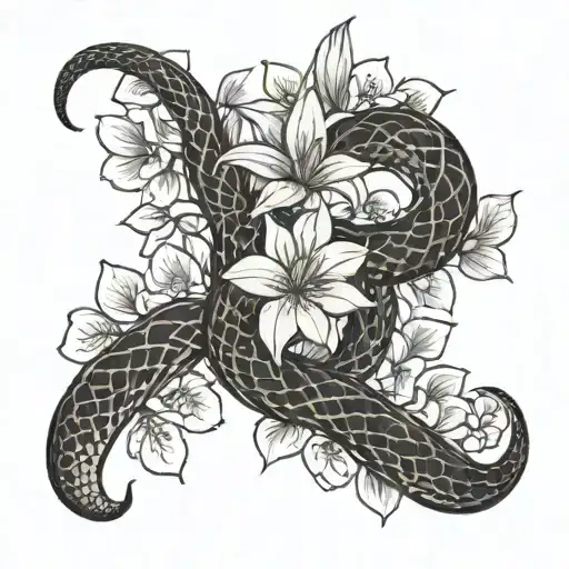 Eastern brown Snake twisting up around flowers - star jasmine, magnolia, lily and cactus flower simple tattoo design idea