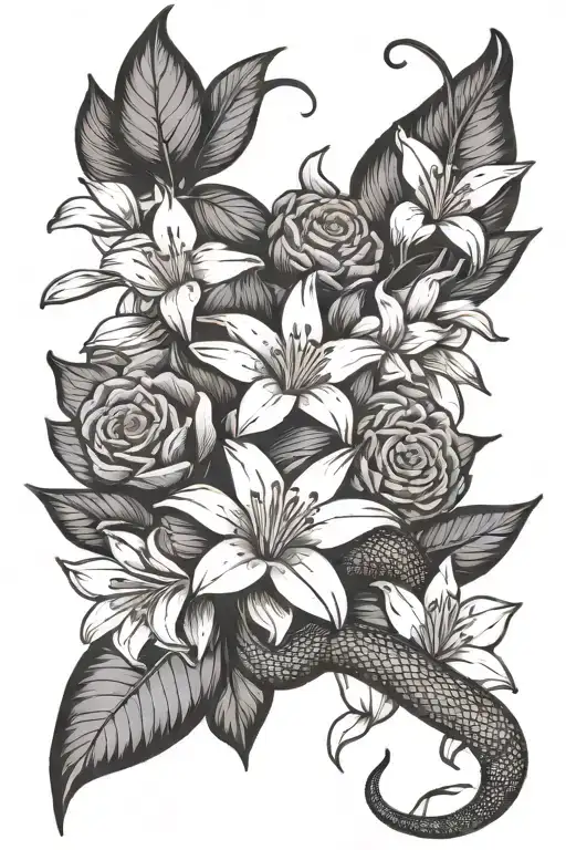 Eastern brown Snake twisting up around 4 flowers - star jasmine, magnolia, lily and cactus flower simple tattoo design idea