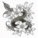 Eastern brown Snake twisting around flowers - star jasmine, magnolia, lily and cactus flower tattoo design idea