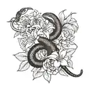 Eastern brown Snake twisting around flowers - star jasmine, magnolia, lily and cactus flower tattoo design idea