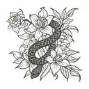 Eastern brown Snake twisting around flowers - star jasmine, magnolia, lily and cactus flower tattoo design idea