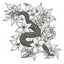 Eastern brown Snake twisting around flowers - star jasmine, magnolia, lily and cactus flower tattoo design idea
