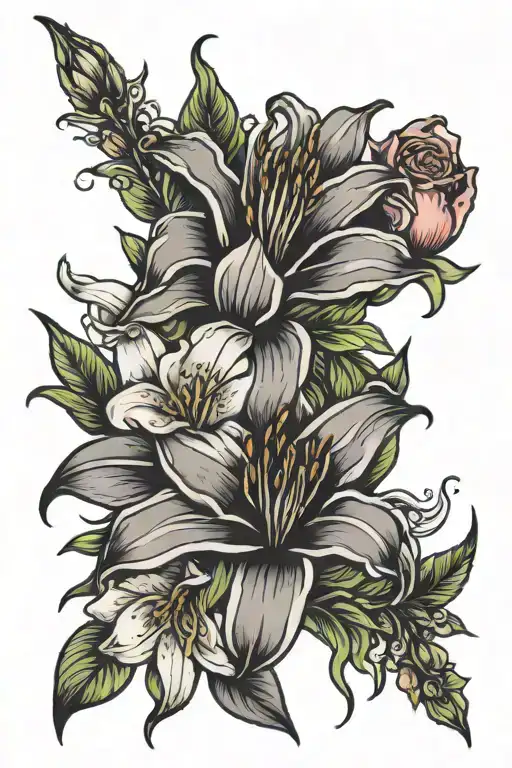 easter lilies and roses with a line through them tattoo design idea