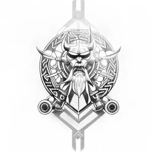 A motorcycle engine with tribal-inspired Viking patterns in black-grey style tattoo design idea