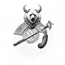 A Viking warrior riding a bear with intricate dotwork details tattoo design idea