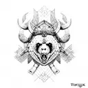 A Viking warrior riding a bear with intricate dotwork details tattoo design idea