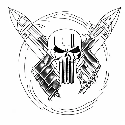 half punisher, half spartan elm, shields and spears around tattoo design idea