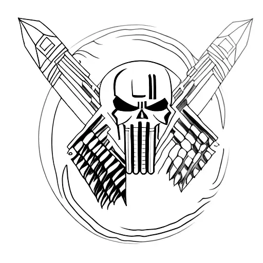 half punisher, half spartan elm, shields and spears around tattoo design idea
