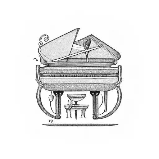 A grand piano with intricate details and musical notes floating around it tattoo design idea