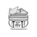 A grand piano with intricate details and musical notes floating around it tattoo design idea