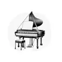 A grand piano with intricate details and musical notes floating around it tattoo design idea