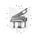 A grand piano with intricate details and musical notes floating around it tattoo design idea