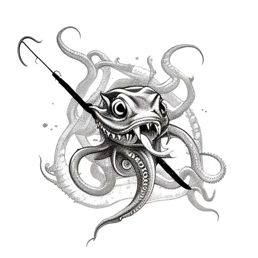 A sketch-style tattoo of a horror-themed fishing lure, with tentacles and teeth, capturing the thrill of the chase tattoo design idea