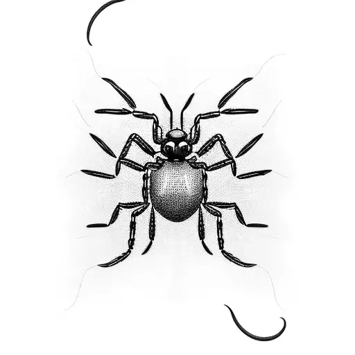 A dotwork portrait of a redback spider weaving its web on a fishing hook, with a boat silhouette in the background tattoo design idea