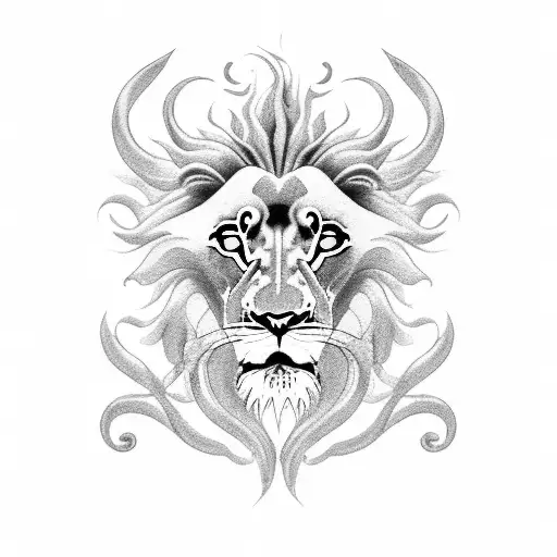 A sinister black and grey lion emerging from the depths of the ocean, surrounded by swirling waves and a school of fish tattoo design idea