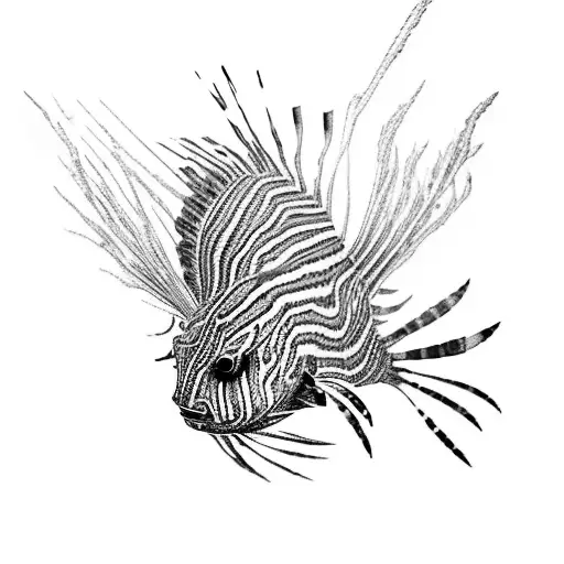 A black and grey depiction of a lionfish swimming through a sea of blood, with electrified fishing lines forming a cage around it tattoo design idea