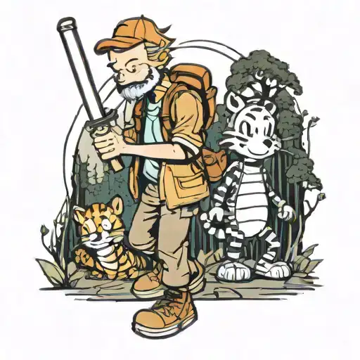 calvin and hobbes holding a lightaber walking into the woods tattoo design idea